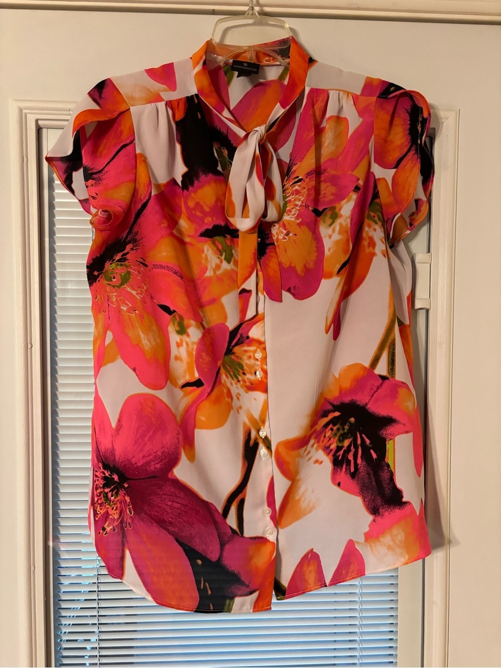 Worthington Pink & Orange Floral Tie-Neck Blouse